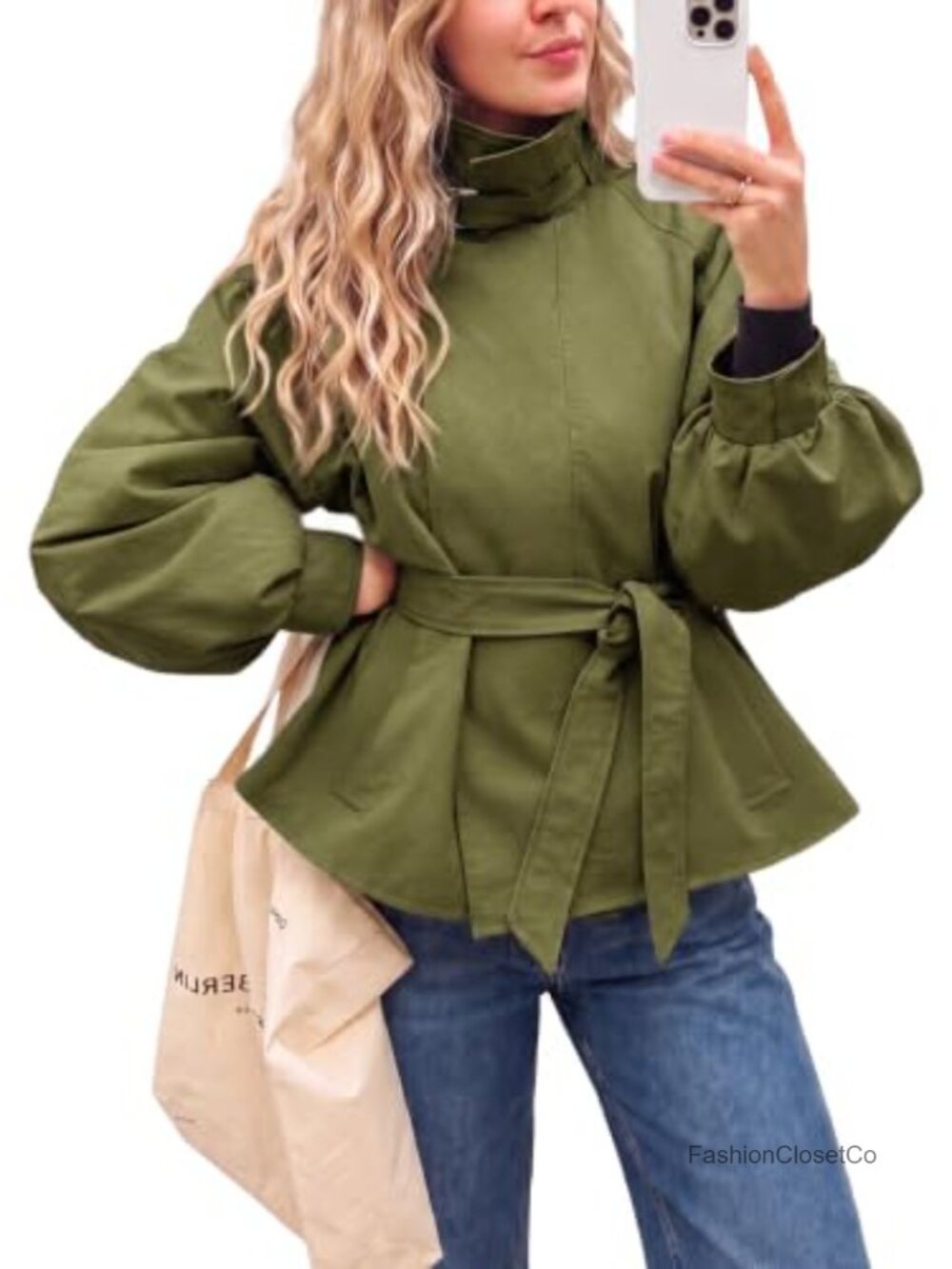 Womens Cropped Trench Coat Lightweight Oversized Long Sleeve Belted
